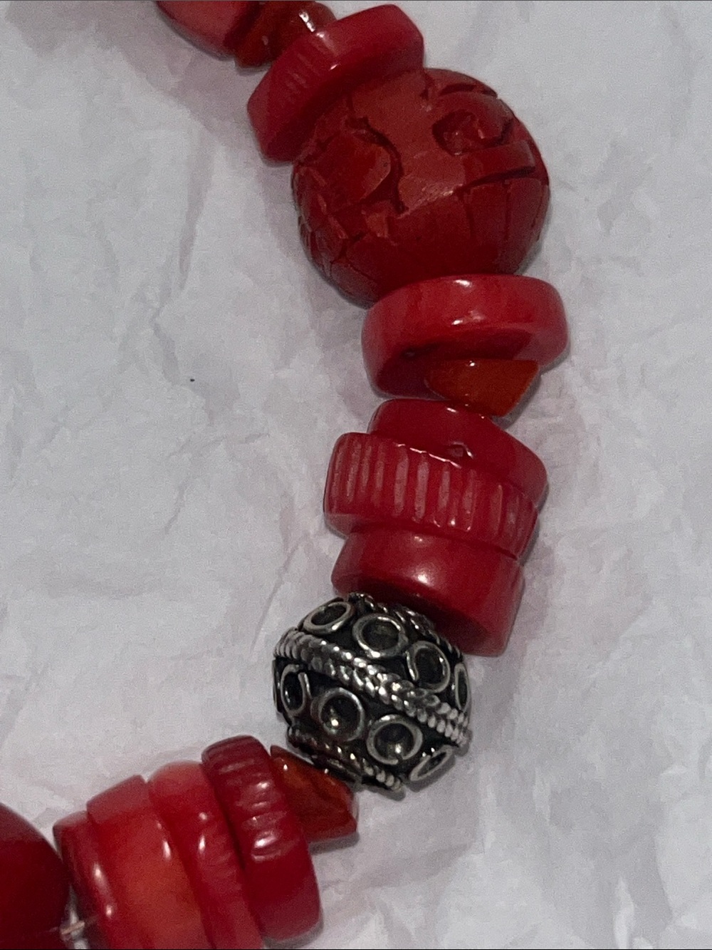 .925 Red Bamboo coral Bracelet with Silver and cinnabar Accent Beads - Picture 6 of 7
